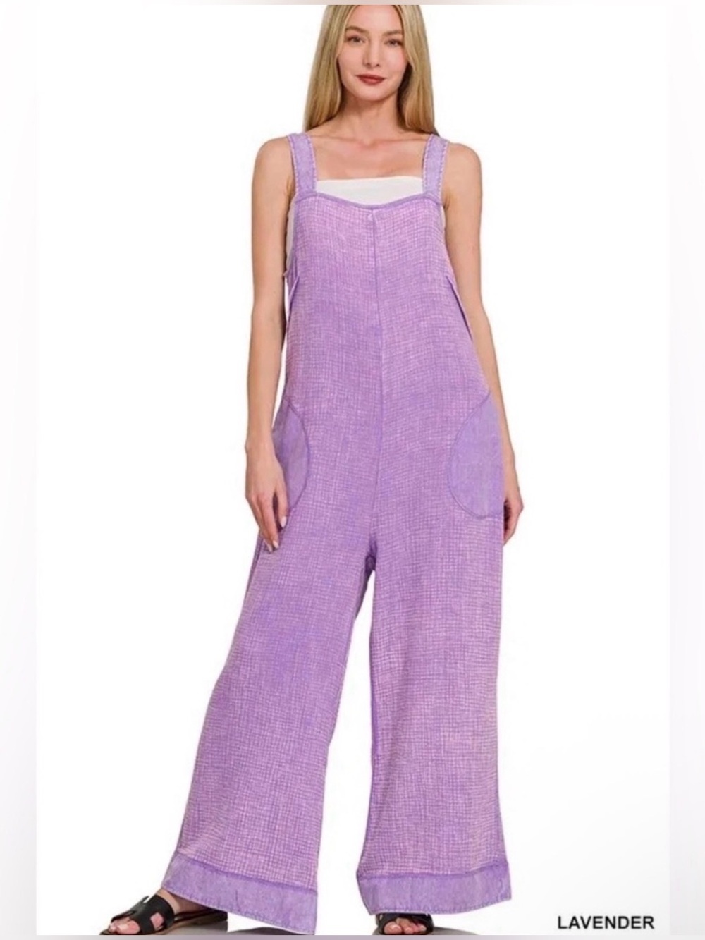Zenana Lavender Wide-Leg Cotton Blend Jumpsuit New Size L
